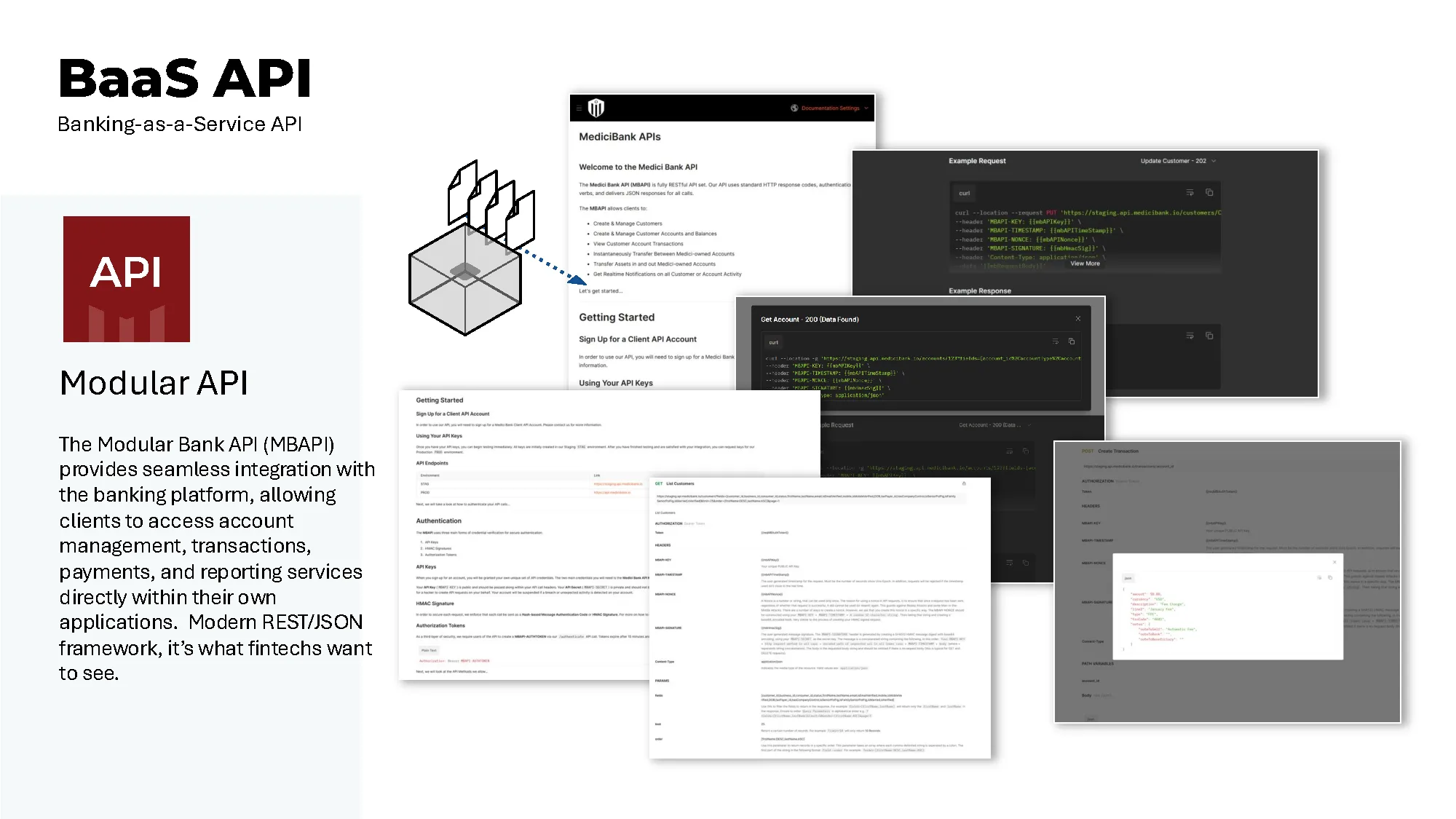 MBAPI Modular Bank API documentation and interface screenshots